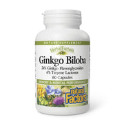Natural Factors HerbalFactors Ginkgo Biloba bottle highlights memory support and circulation.
