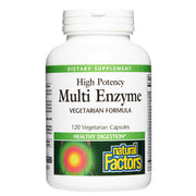 Natural Factors bottle front with high potency multi enzyme for digestive support.