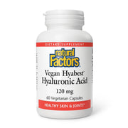 Natural Factors Hyabest bottle front shows vegan hyaluronic acid for joints and skin hydration.
