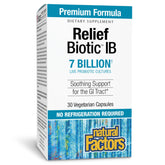 Natural Factors IBS Relief Biotic bottle on a kitchen counter ready for daily use.