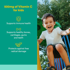Natural Factors Kids Vitamin C 500 mg chewable wafer showing fruity texture for easy intake.
