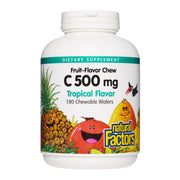 Natural Factors Kids Vitamin C 500 mg bottle with tropical flavor for daily immune-friendly chew.