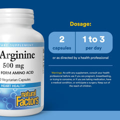 Natural Factors L-Arginine 500 mg label highlights pharmaceutical-grade ingredients.