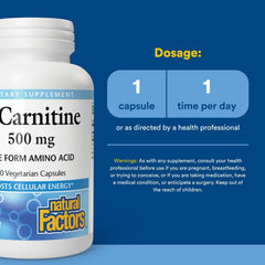 Natural Factors L-Carnitine 500 mg ingredient list shows non-GMO, gluten-free formula.