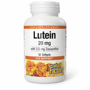 Natural Factors Lutein 20mg bottle on counter for eye support