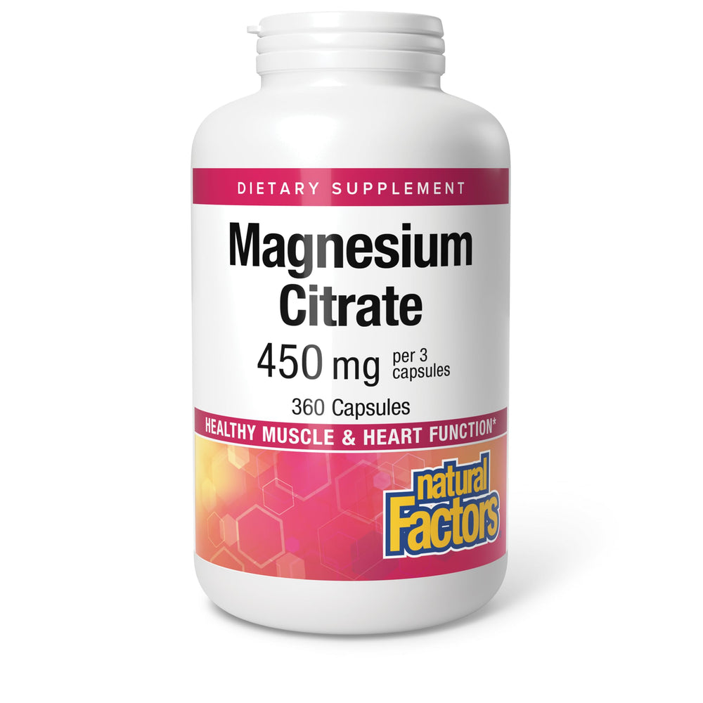 Natural Factors Magnesium Citrate 150 mg bottle close-up, highlighting easy-to-swallow capsules.