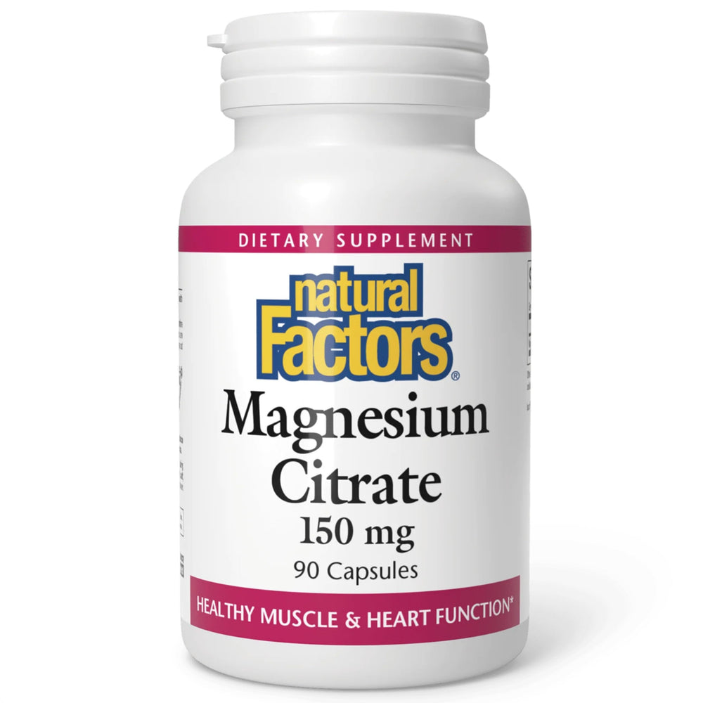 Natural Factors Magnesium Citrate bottle front, a reliable daily supplement for bone and muscle health.