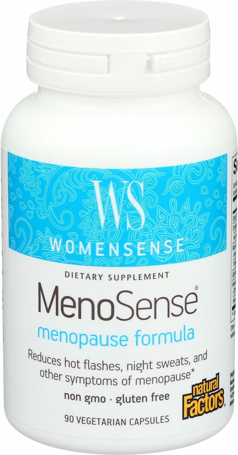 Natural Factors MenoSense bottle front displaying packaging for menopause support
