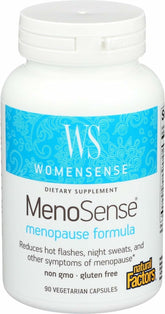 Natural Factors MenoSense bottle front displaying packaging for menopause support