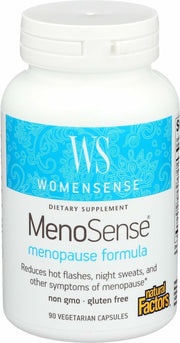 Natural Factors MenoSense bottle front displaying packaging for menopause support