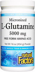 Natural Factors Micronized L-Glutamine powder jar label, highlighting quality ingredients.