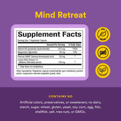 Natural Factors Mind Retreat ingredients list highlights GABA, magnesium, lemon balm, and B6.