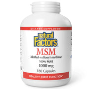 Natural Factors MSM bottle label close-up showing potential joint support.