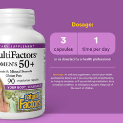 Product label of Natural Factors MultiFactors 50+ highlighting 35+ nutrients