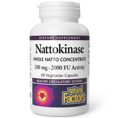 Natural Factors Nattokinase 100mg bottle close-up highlighting circulatory support potential