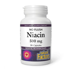 Natural Factors No Flush Niacin 500 mg bottle — promotes steady energy support.