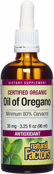 Natural Factors Oil of Oregano bottle for easy daily use with high carvacrol content.