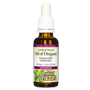 Natural Factors Oil of Oregano bottle showing potent oil blended with olive oil for easy daily use