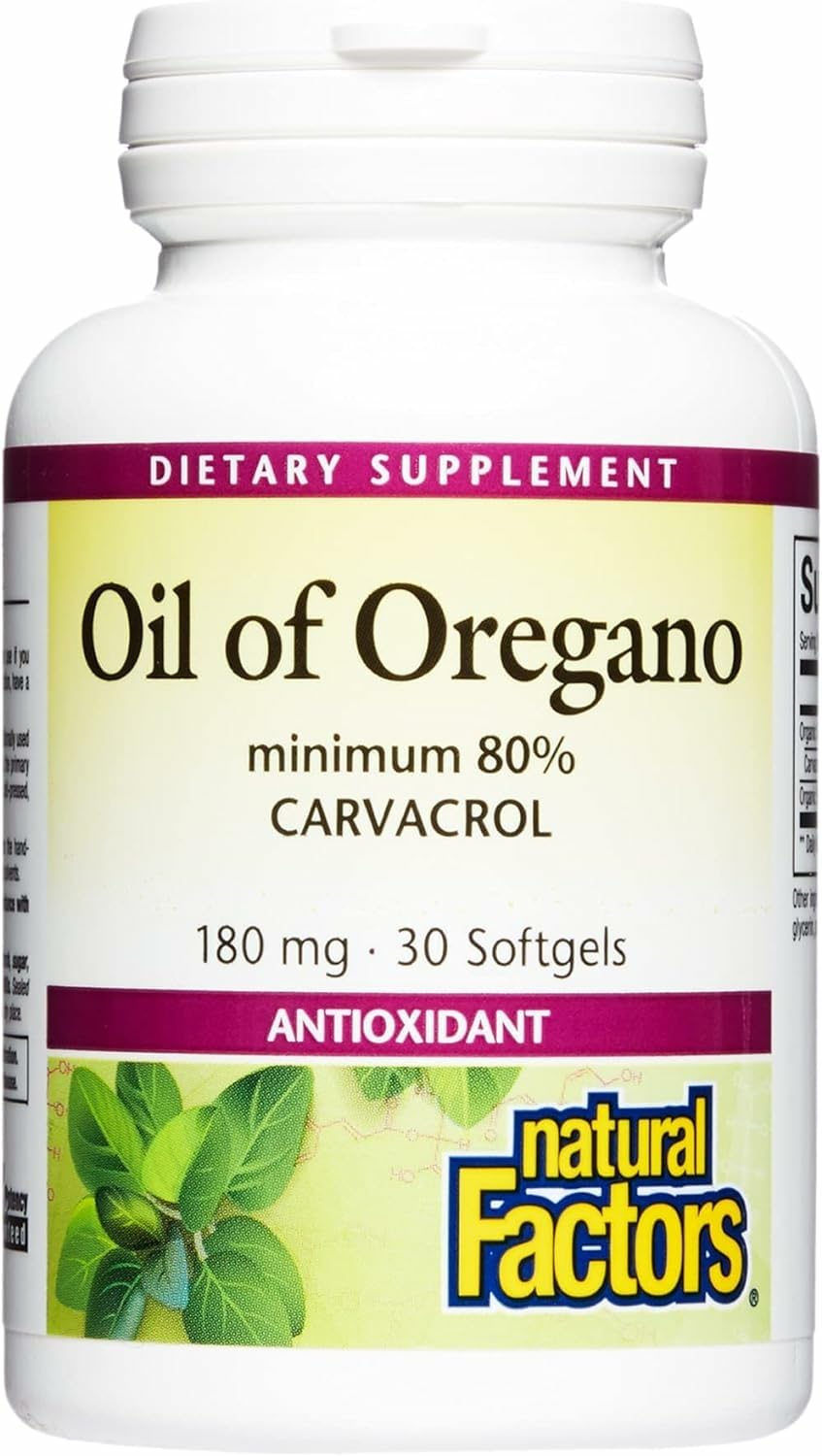 Natural Factors Oil of Oregano bottle highlighting immune-supporting herbal blend.