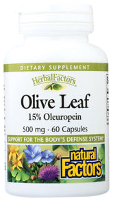 Natural Factors Olive Leaf 500 mg bottle front supports immune wellness naturally.
