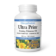 Natural Factors Omega Factors Ultra Prim Evening Primrose Oil bottle on shelf supports daily wellness.