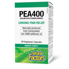 Natural Factors PEA400 bottle shows 90 capsules for daily nervous system support