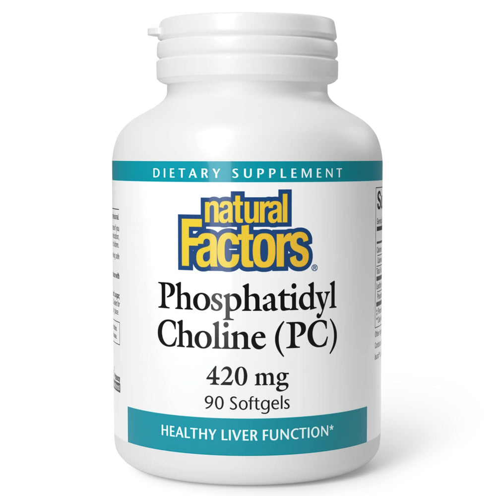 Natural Factors Phosphatidylcholine softgels in a bottle, supporting healthy liver function