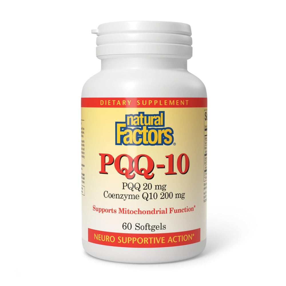 Natural Factors PQQ-10 softgel front view showing compact daily energy support