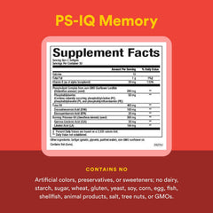 Natural Factors PS-IQ Memory supplement facts panel emphasizing potency and fatty acids.