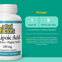 Natural Factors R-Lipoic Acid label close-up showing active form for absorption