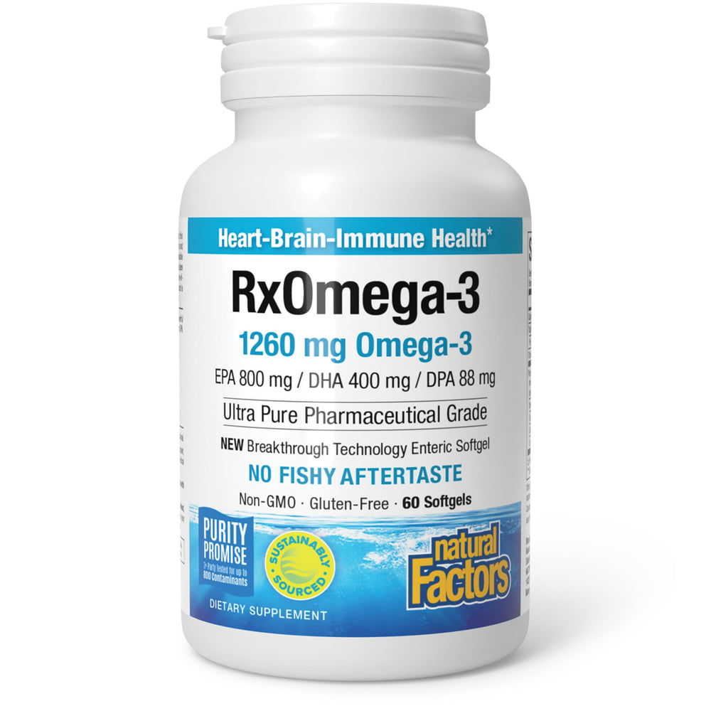 Natural Factors RxOmega-3 bottle front showing pure omega-3 for heart and brain support