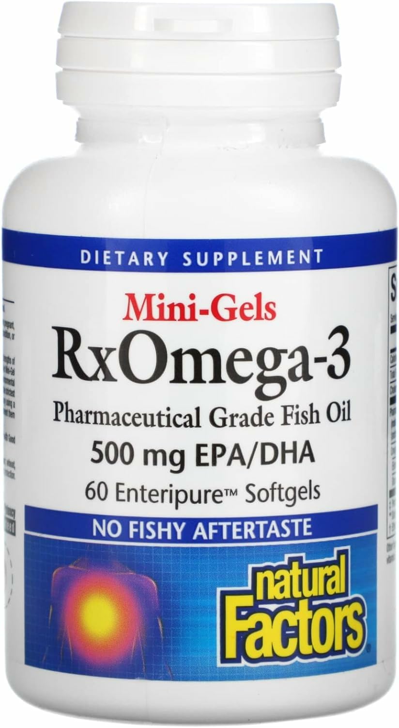 Natural Factors RxOmega-3 Mini-Gels bottle showcasing purity for heart support