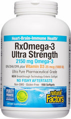 Natural Factors RxOmega-3 Ultra Strength bottle with capsules supporting brain and heart health