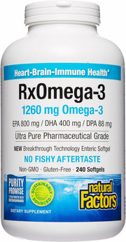 Natural Factors RxOmega-3 softgels front view for daily heart health support.