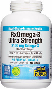 Natural Factors RxOmega-3 Ultra Strength bottle front view emphasizing purity and potency.
