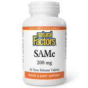 Natural Factors SAMe 200mg tablets in bottle for daily mood and joint support.