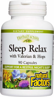 Natural Factors Sleep Relax bottle front showcases the natural sleep aid for restful nights.