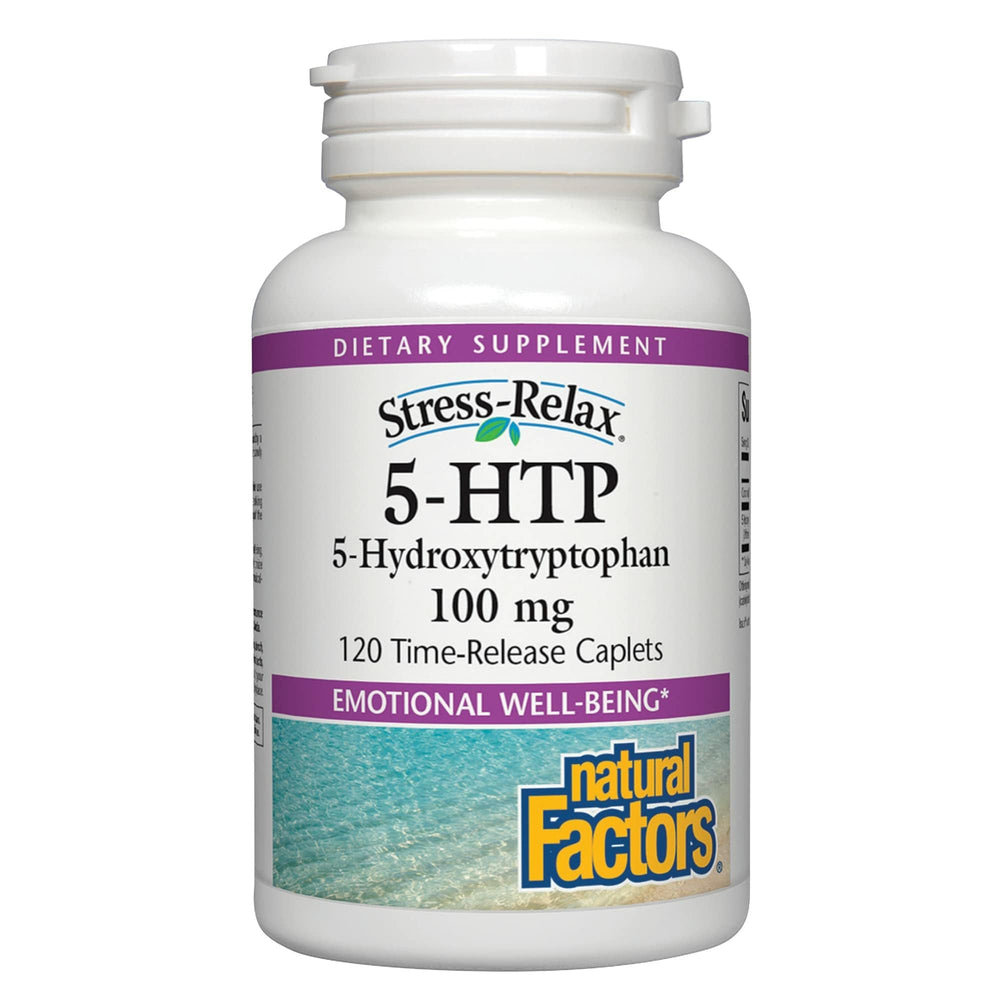 Natural Factors Stress-Relax 5-HTP bottle front promotes calm mood and sleep support.