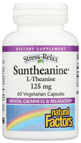 Natural Factors Stress-Relax Suntheanine bottle label promoting calm focus