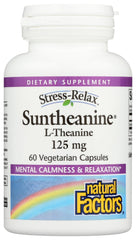 Natural Factors Stress-Relax Suntheanine bottle label promoting calm focus