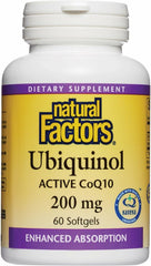 Natural Factors Ubiquinol 200 mg bottle pour showing daily energy support.