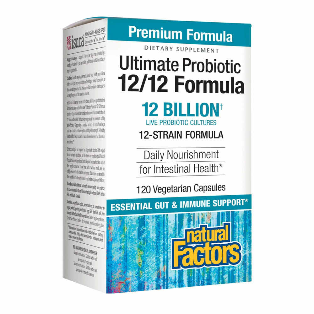 Natural Factors Ultimate Probiotic 12/12 bottle front signaling daily digestive support.