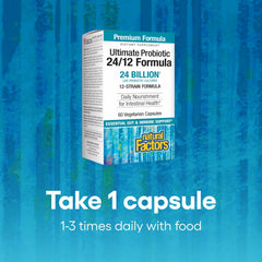 Natural Factors Ultimate Probiotic 24/12 label panel highlights twelve gastric-resistant strains.
