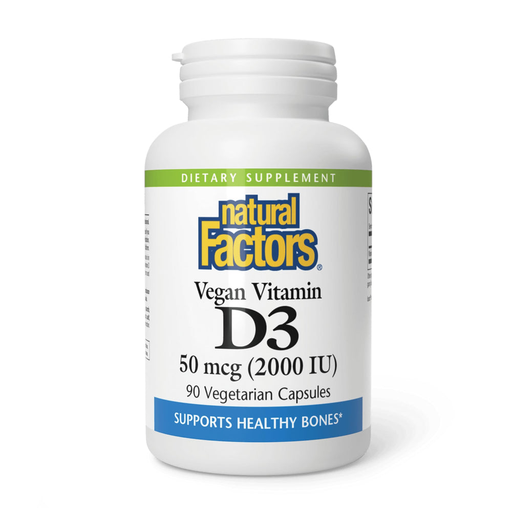 Natural Factors vegan vitamin d3 2000 iu bottle highlights bone support potential