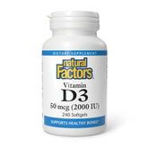 Natural Factors Vitamin D3 2000 IU softgels bottle highlighting bone support potential.