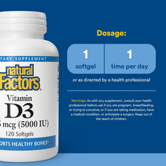 Natural Factors Vitamin D3 5000 IU bottle on counter illustrating convenient daily vitamin