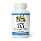 Natural Factors Vitamin D3 5000 IU soft gels bottle on counter for bone support