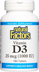 Natural Factors Vitamin D3 1000 IU bottle front showing daily dose and purpose.