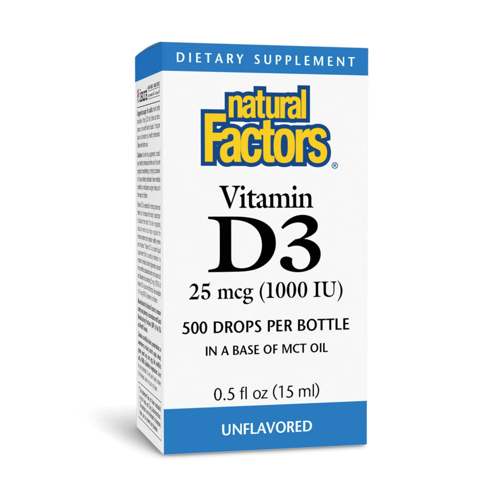 Natural Factors Vitamin D3 Drops bottle for daily 1000 IU support.