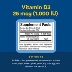 Natural Factors Vitamin D3 Drops label detail emphasizing third party testing.